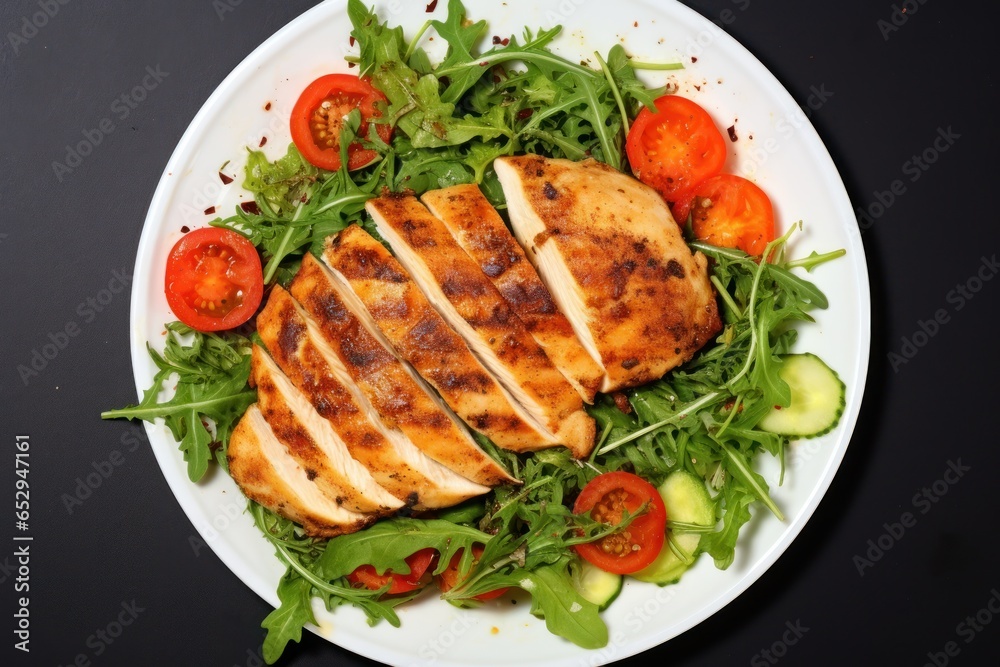 Poster A delicious salad with sliced chicken on a white plate. This versatile image can be used in various food-related projects.