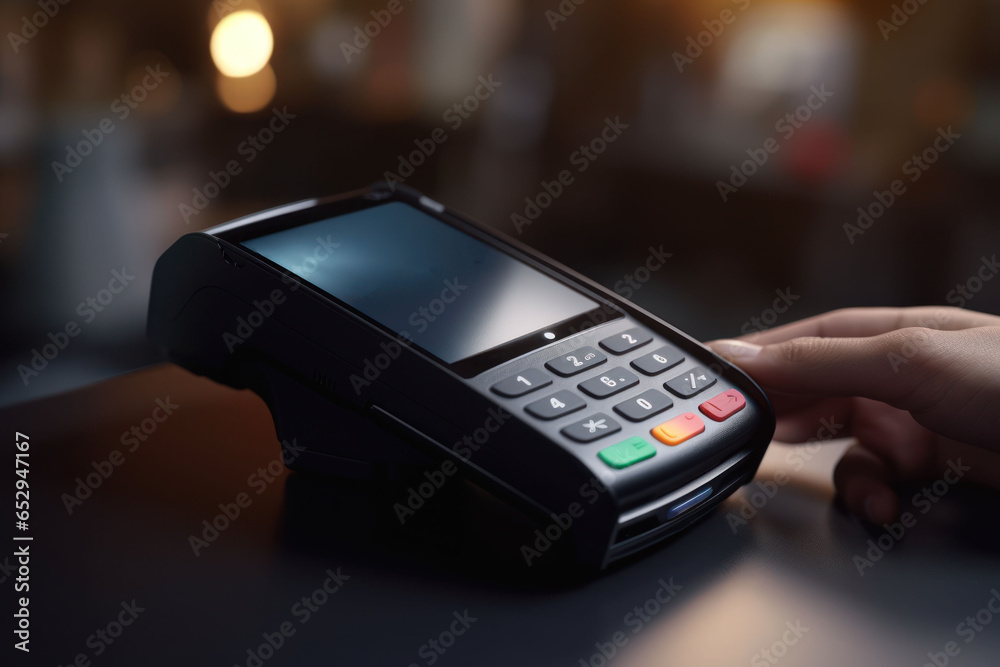 Aufkleber A detailed close-up image of a person using a point of sale (POS) terminal. This image can be used to illustrate cashless transactions and modern payment systems.