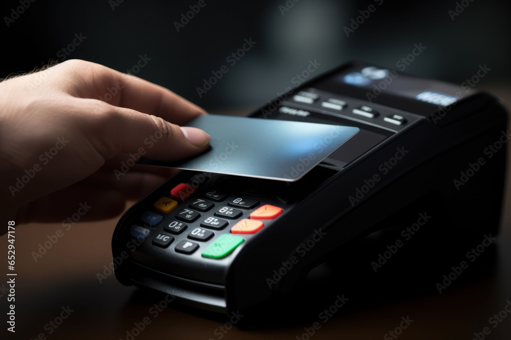 Poster A person is shown using a credit card machine on a table. This image can be used for illustrating financial transactions and payment processing.