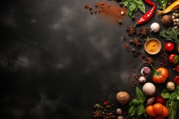 A diverse selection of different types of food arranged on a black table. This image can be used to...