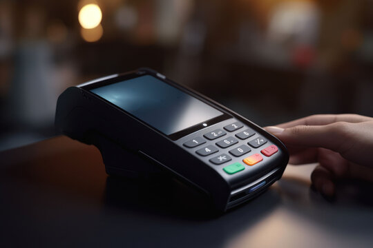 A detailed close-up image of a person using a point of sale (POS) terminal. This image can be used to illustrate cashless transactions and modern payment systems.