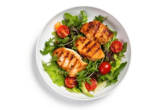 A white plate topped with chicken and a fresh salad. Perfect for a healthy meal or a restaurant menu.