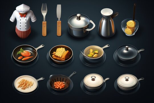 A collection of various cooking utensils displayed on a table. This image can be used to illustrate a kitchen scene or cooking-related articles.