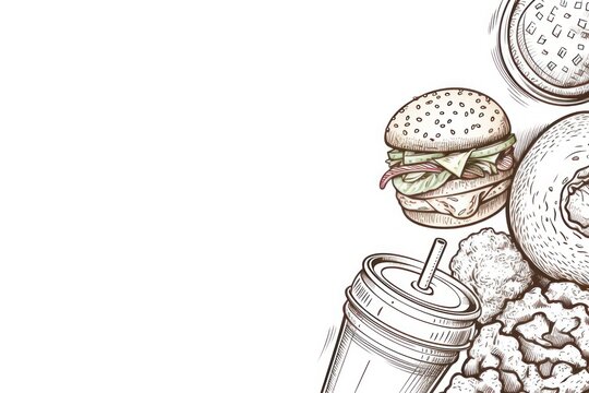 A compact drawing showcasing a variety of fast food items. This versatile image can be used to depict fast food culture, unhealthy eating habits, or as an illustration for restaurant menus and food bl