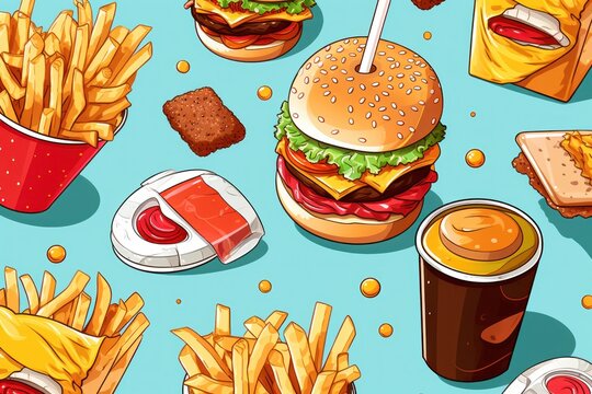 A collection of various fast food items displayed on a vibrant blue background. This image is perfect for illustrating the wide range of options available in the fast food industry. Ideal for use in m