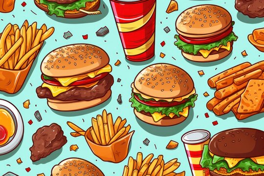 A collection of various fast food items displayed on a vibrant blue background. This image can be used to depict a menu, food choices, or the concept of indulgence. Ideal for food-related websites, bl