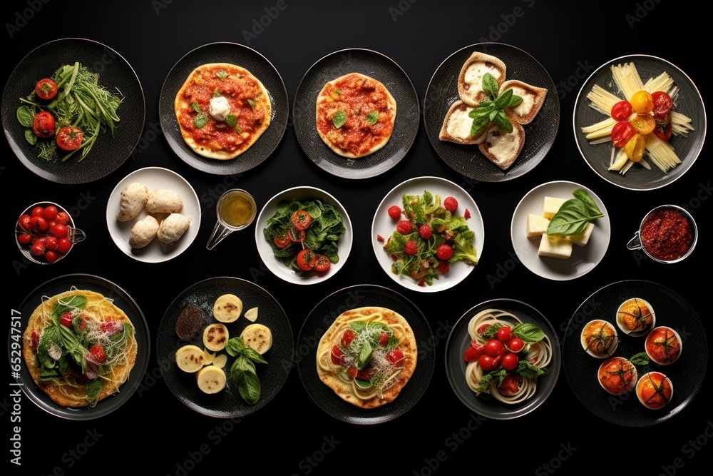 Poster A table topped with plates of different types of food. This versatile image can be used to showcase a variety of food options and settings.