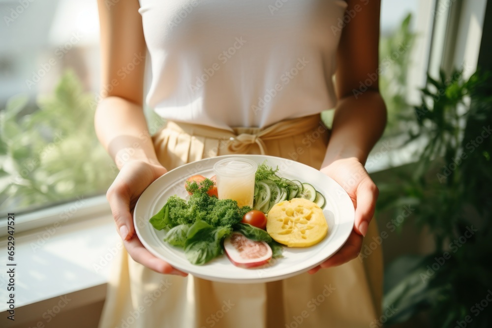 Poster a woman holding a plate of food in front of a window. this image can be used to depict a healthy mea