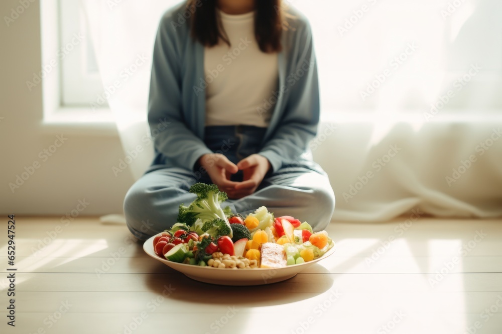 Canvas Prints A woman sitting on the floor in front of a plate of food. This image can be used to depict a person enjoying a meal or to illustrate concepts related to food and nutrition.