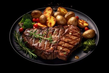A delicious steak served with potatoes and broccoli on a plate. Perfect for a hearty meal or restaurant menu.