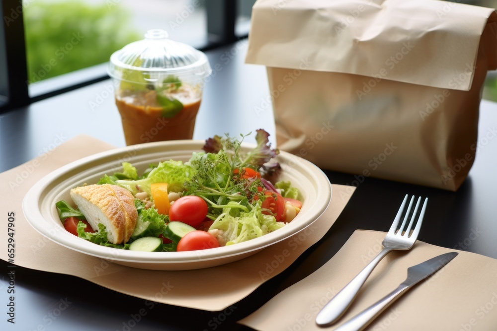Poster a plate of delicious food is showcased on a table, accompanied by a fork and knife. this image is pe