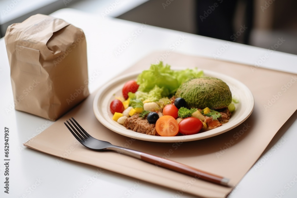 Poster a simple and appetizing plate of food placed on a table, accompanied by a fork. perfect for showcasi