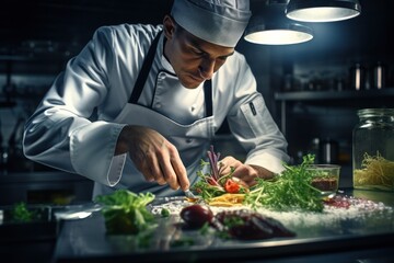 A chef is seen in a kitchen, busy preparing a meal. This image can be used to showcase professional cooking skills and the art of culinary preparation.