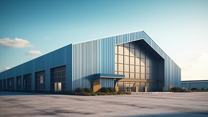 Industrial hangar. Warehouse building exterior. Industrial building under blue sky.generative ai
