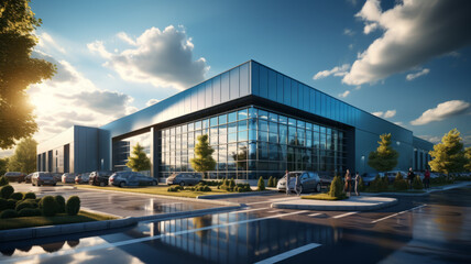Industrial hangar. Warehouse building exterior. Industrial building under blue sky.generative ai - obrazy, fototapety, plakaty