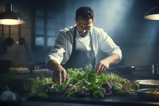 A man in a chef's uniform preparing food in a kitchen. This image can be used to depict professional cooking, culinary skills, or food preparation in a restaurant or home kitchen.