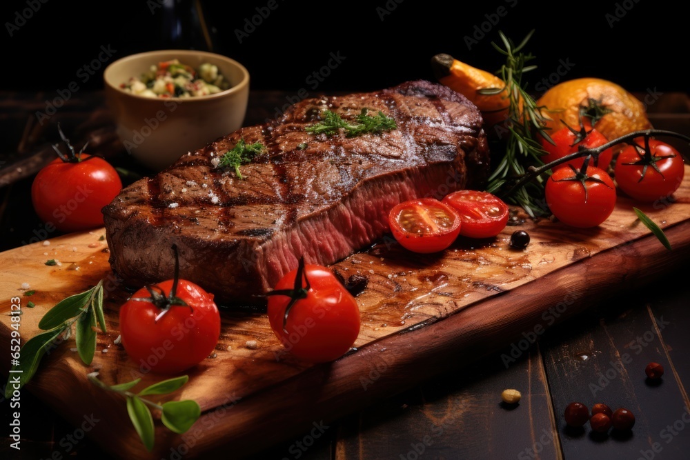 Poster a delicious steak is displayed on a cutting board, surrounded by fresh tomatoes and aromatic herbs. 