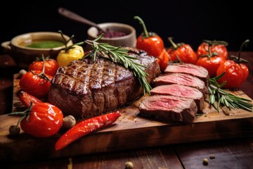 A delicious steak, beautifully presented on a cutting board, accompanied by fresh tomatoes and peppers. This image is perfect for food blogs, restaurant menus, and cooking websites.