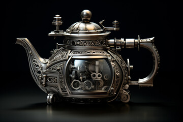 Glass teapot with brewed black tea, china design teapot.