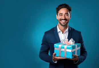 Handsome happy young man 30-40 years old holding holiday gift box with bow and ribbon, father's day and happy birthday greeting on blue background copy space