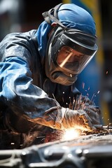 An auto repairman grinding auto body bonnet in an open air. Generative AI