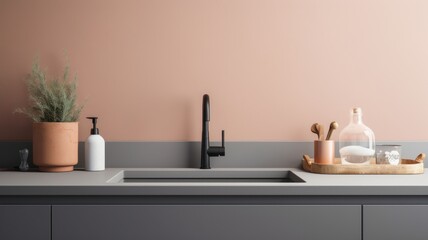 Fragment of modern minimalist kitchen. Gray countertop with built-in sink and chrome faucet. Peach color backsplash. Various utensils and decor. Contemporary interior design. 3D rendering.