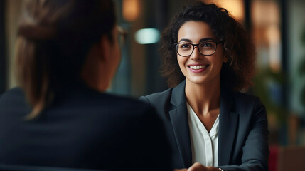 copy space, stockphoto, Happy mid aged business woman manager handshaking at office meeting. Smiling female hr hiring recruit at job interview, bank or insurance agent, lawyer making contract deal wit - obrazy, fototapety, plakaty