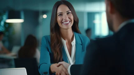 Foto op Plexiglas copy space, stockphoto, Happy mid aged business woman manager handshaking at office meeting. Smiling female hr hiring recruit at job interview, bank or insurance agent, lawyer making contract deal wit © Dirk