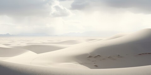Fototapeta na wymiar gray sky with pale white sand dunes in the desert. sci-fi alien landscape. summer vacation retreat. 
