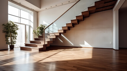 Obraz premium Minimalist Home Decor: Wooden Stairs in a Bright White Interior
