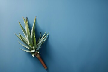 aloe on blue background, overhead view with copy space, aloe vera leaves