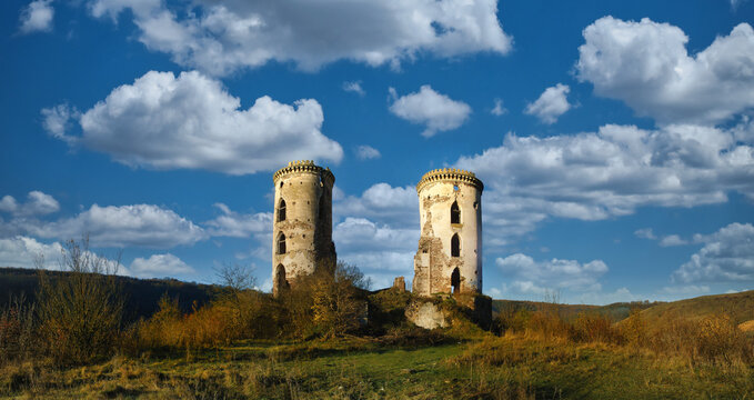 View of the two towers of the ruins of the ancient Chervonograd castle Ternopil region, Ukraine.