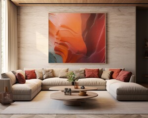 A cozy den with a bright and vibrant painting adorning the wall, inviting the eye to explore the soft furniture, vase of flowers, and warm pillows around the loveseat and sofa