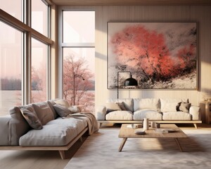 A cozy den with a plush sofa and loveseat, bright windows, and a vibrant wall-mounted painting full of personality and life, creating a warm and inviting atmosphere