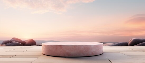 Outdoor stone podium on pink pastel background showcasing beauty cosmetics in a dreamy summer paradise setting - obrazy, fototapety, plakaty