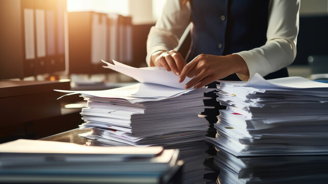 Businesswoman hands working in stacks of paper searching for information