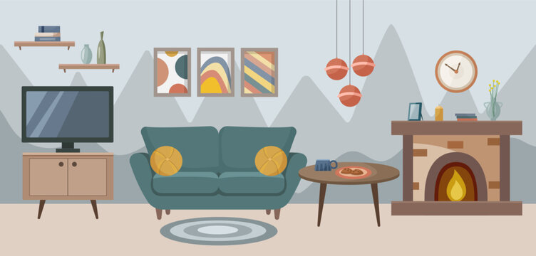 Living room interior with sofa, paintings, coffee table, fireplace, TV. Living room. Home furniture. Vector illustration in flat style.