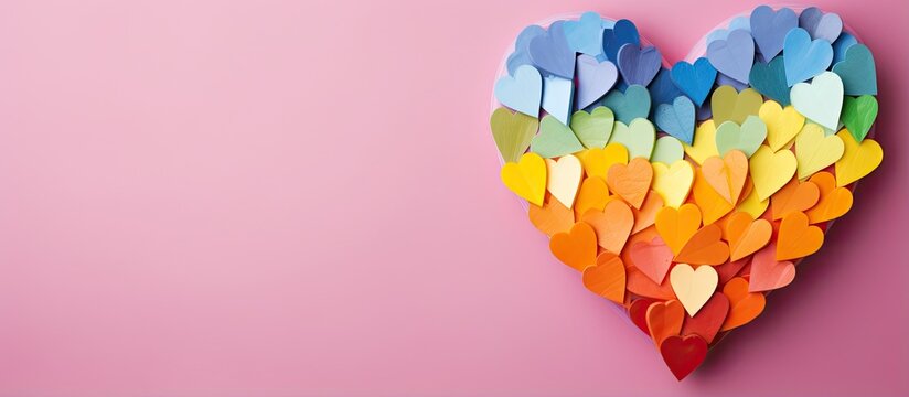 Top view of a coral backdrop featuring a rainbow heart representing the concepts of the LGBT rights movement and gender equality