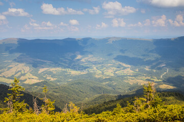 Beautiful view of the Ukrainian Carpathians to the mountains and valleys. Rocky peaks and wood of the Carpathians in late summer. Yellow and green grass, and the top of the mountain and the path to it