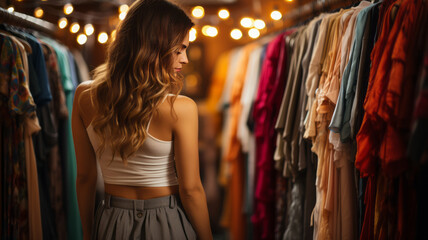 Choice of clothes, asian young woman, girl hand in choosing dress.generative ai