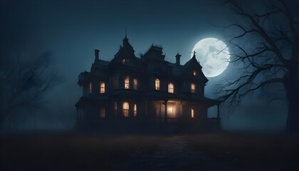 An eerie haunted house under the moonlight ai generation - obrazy, fototapety, plakaty