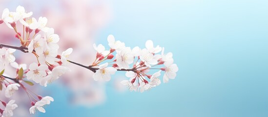 Macro close up of delicate artistic white flowers on a soft blue and pink background creating a floral spring summer border with an airy and spacious feel