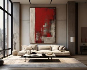 A vibrant living room, complete with a cozy couch, loveseat, and table, is enlivened by a striking red painting on the wall, creating a bold and inviting space perfect for relaxing or entertaining