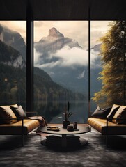 A cozy living room with a picture window offering a breathtaking view of rolling mountains, lush trees, and vast skies dotted with fluffy clouds, inviting one to drift away in a world of tranquility 