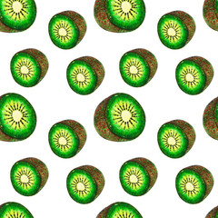 Small Exotic Watercolor green kiwi pattern on white background. Healthy vegan food. Delicious Organic food. Isolated object. Healthy eating.
