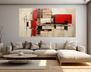 A vibrant painting of an inviting loveseat adorned with plush pillows and cushions adorns the wall, creating a cozy and stylish atmosphere in the room