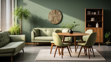 Fototapeta premium Interior of modern cozy scandi living room in green tones. Stylish sofas, round dining table with chairs, sideboard, houseplants. Contemporary home design. 3D rendering.