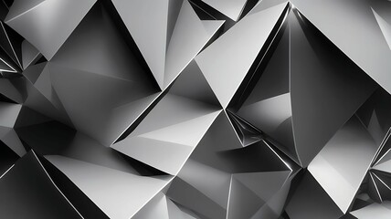 Naklejka premium Black-white abstract background. Geometric shape. Lines, triangles. 3d effect. Light, glow, shadow. Gradient. Dark grey, silver. Modern, futuristic,AI generated