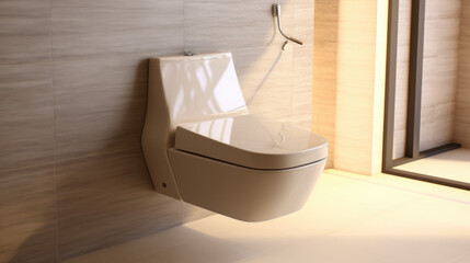 Modern luxury toilet granite tile floor in sunlight on beige wall 