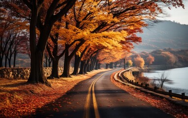 Autumn trees in a wide open mountain road. Generative AI